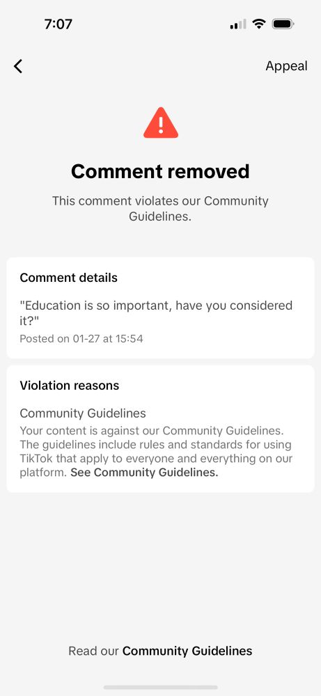 The comment that got removed was “education is so important, have you considered it?”