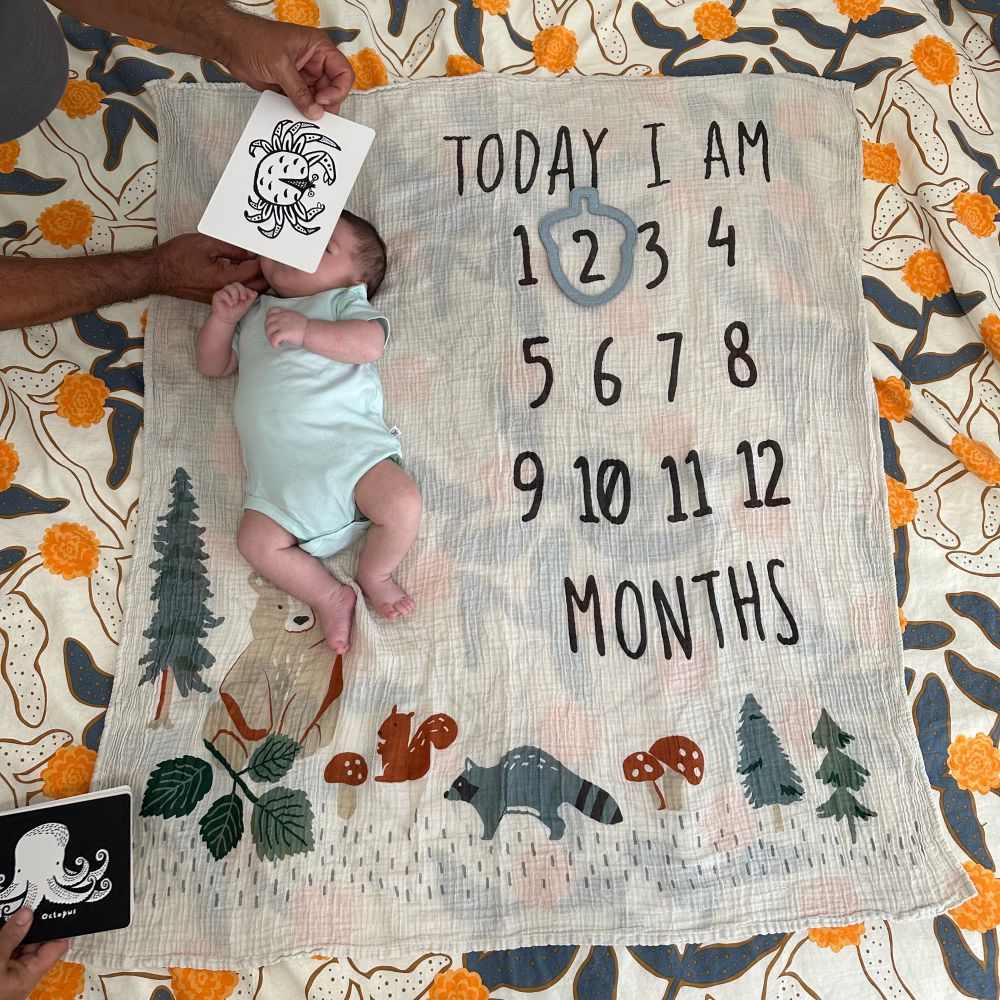 Baby wearing light blue onesie, his face is covered by a high contrast card with a crab on it. He’s lying on a blanket with woodland creature designs that says “today I am 2 months”