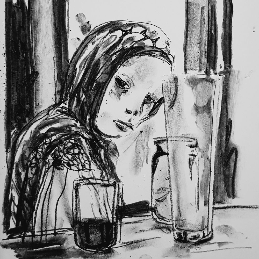 Sketch of Martyshka from the film Stalker, using charcoal and carbon pencils