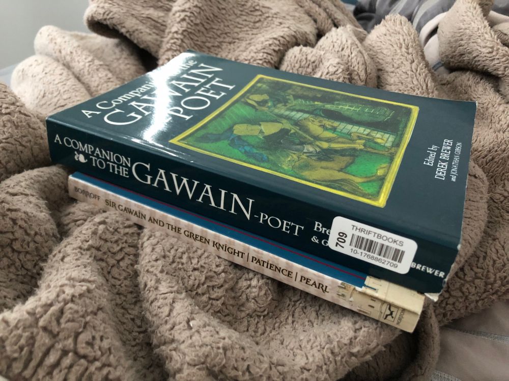 print copies of A COMPANION TO THE GAWAIN-POET (eds. Brewer & Gibson) and a bound collection of Borroff’s verse translations of Gawain, Patience & Pearl that the poster got second-hand