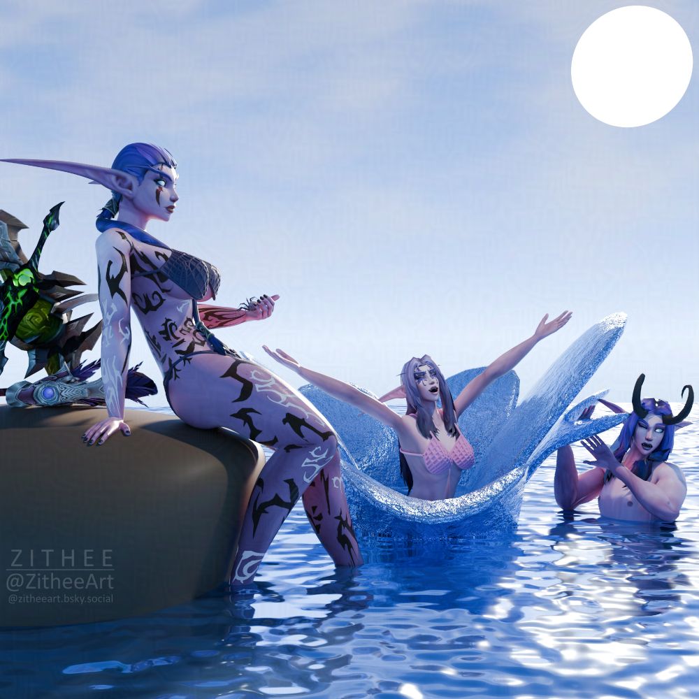OC night elf characters (from left to right) Zithis, Mirinaa (@mavely.bsky.social) and Rafelon taking a bath in the ocean. Their poses are referencing the YuGiOh! card "Tearlaments Perlegia".

Originally uploaded August 30th 2024.