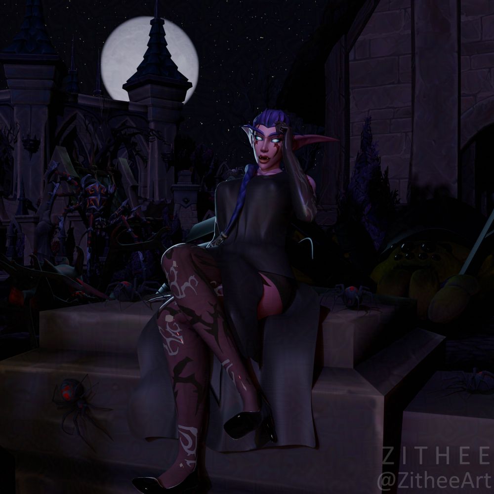 Zithis Shadowweb, night elf, sitting in front of a castle-like structure overrun by the spiders she is leading.

Spider names, from left to right:
- Narah (large black spider to the left)
- Arteeka (huge spider on the background building)
- Drathess (on Zithis's shoulder)
- Melthaxx (armoured green tarantula to the right)
The rest are un-named, just part of the gang.

Originally uploaded on June 28th, 2024.