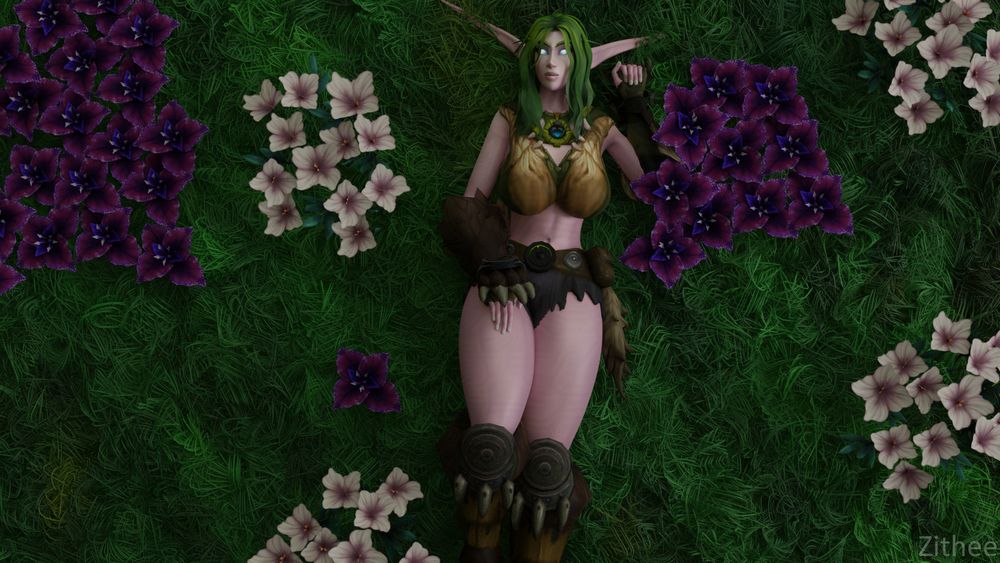 Elf lying in a field of flowers