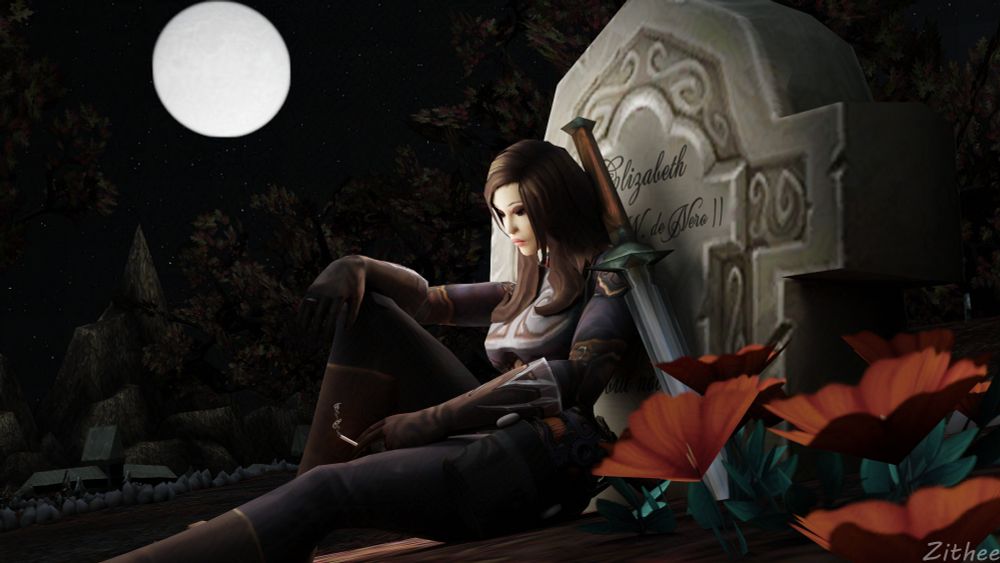 Human sitting leaned against a gravestone under the moonlight