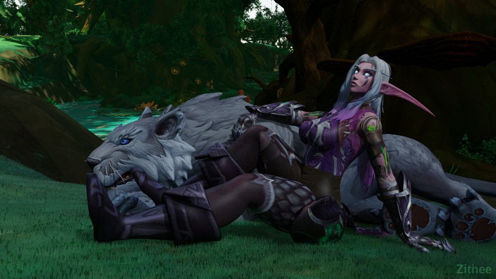 Mavely (elf) and Alyx (cat) relaxing in a green forest.
Originally uploaded on November 22nd, 2022.
