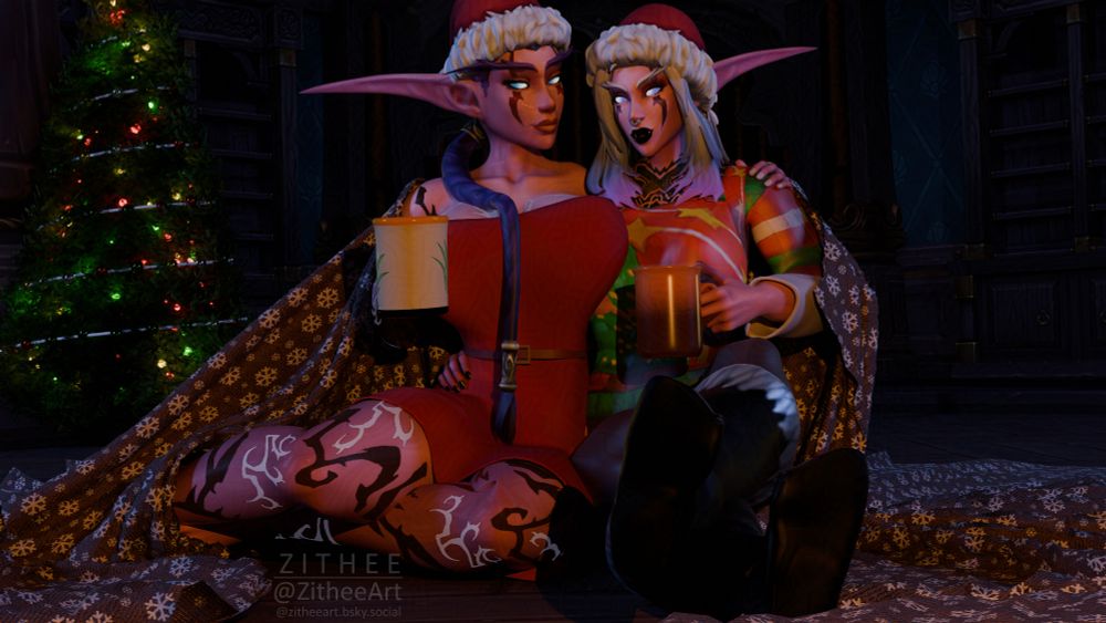 (OCs) Zithis Shadowweb (@zithee.bsky.social) and Mavely Evenarrow (@mavely.bsky.social) sitting with a blanket wrapped around them. They are lit up by an implied fireplace behind the camera POV.
