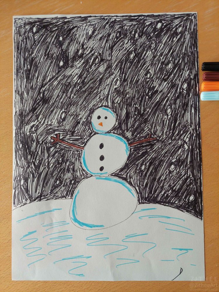 A drawing of a snowman standing on snow at night.