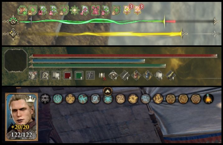A screenshot of a few different games with characters having a LOT of buffs.