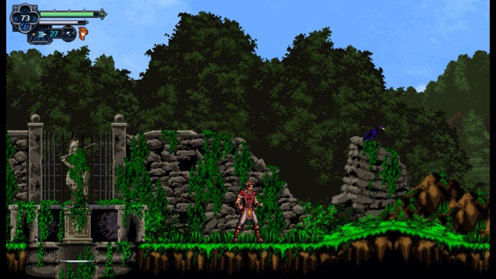 The main character Mateo in front of an aged and dilapidated stone wall and statue covered in ivy/overgrowth.