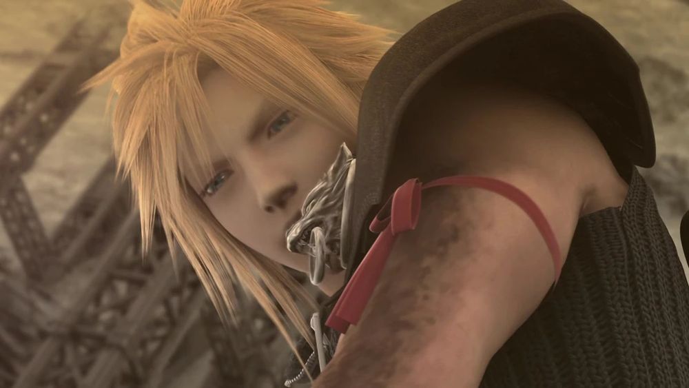 Cloud with a red ribbon on his left shoulder. There's a noticeable black stain. It's the Geostigma affecting him.