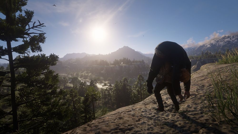 Arthur Morgan looking over the horizon and rising sun first thing in the morning while carrying a drunk Reverend Swanson on his shoulders.