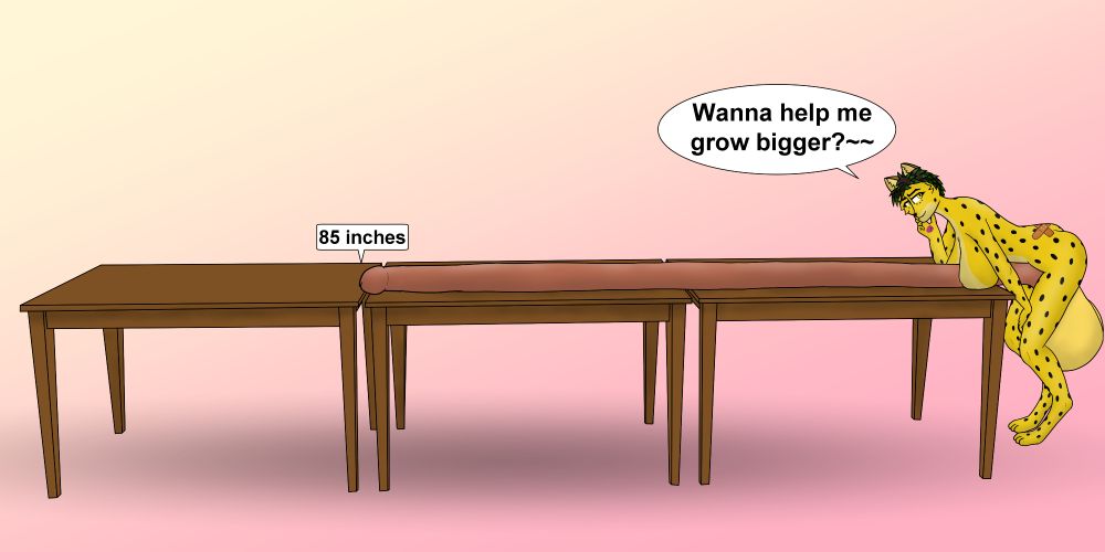 Tory stands infront of three tables. She is completely nude, her hard cock ontop of the tables. It reaches across two tables. An idicator states that it is 85 inches long. Tory says "Wanna help me grow bigger?~~"