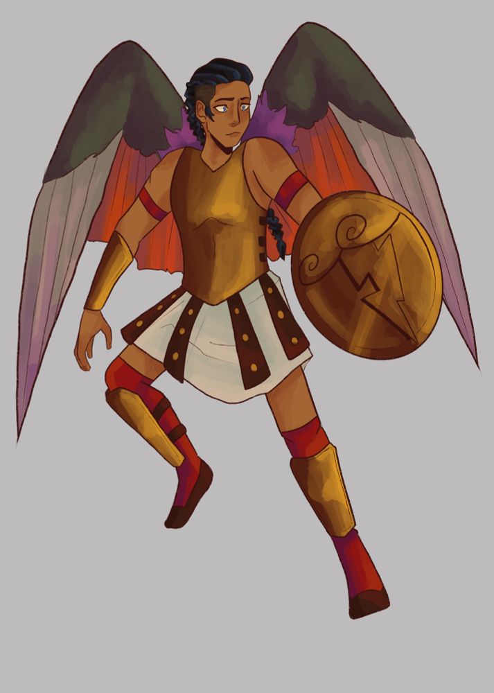 A character in psuedo-ancient Greek armor with long braided hair. He has wings and is holding a golden shield.