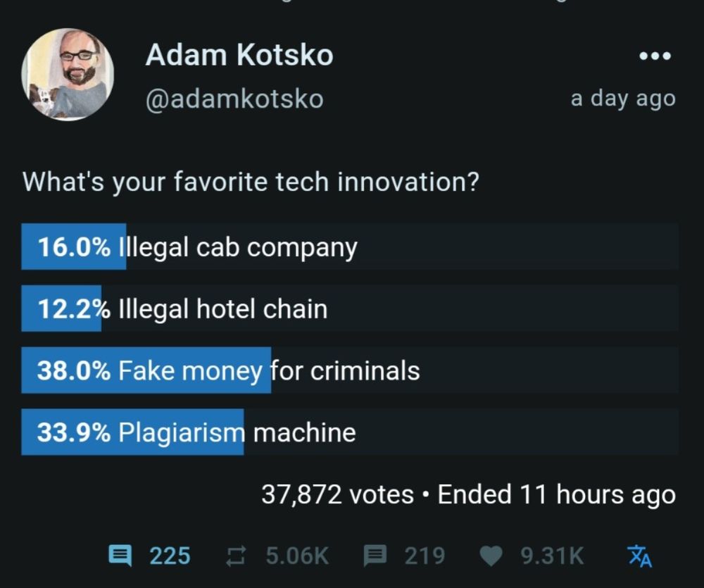 @adamkotsko a day ago What's your favorite tech innovation? 16 0% illegal cab company 12.2% Illegal hotel chain 38.0% Fake money for criminals 33.9% Plagiarism machine