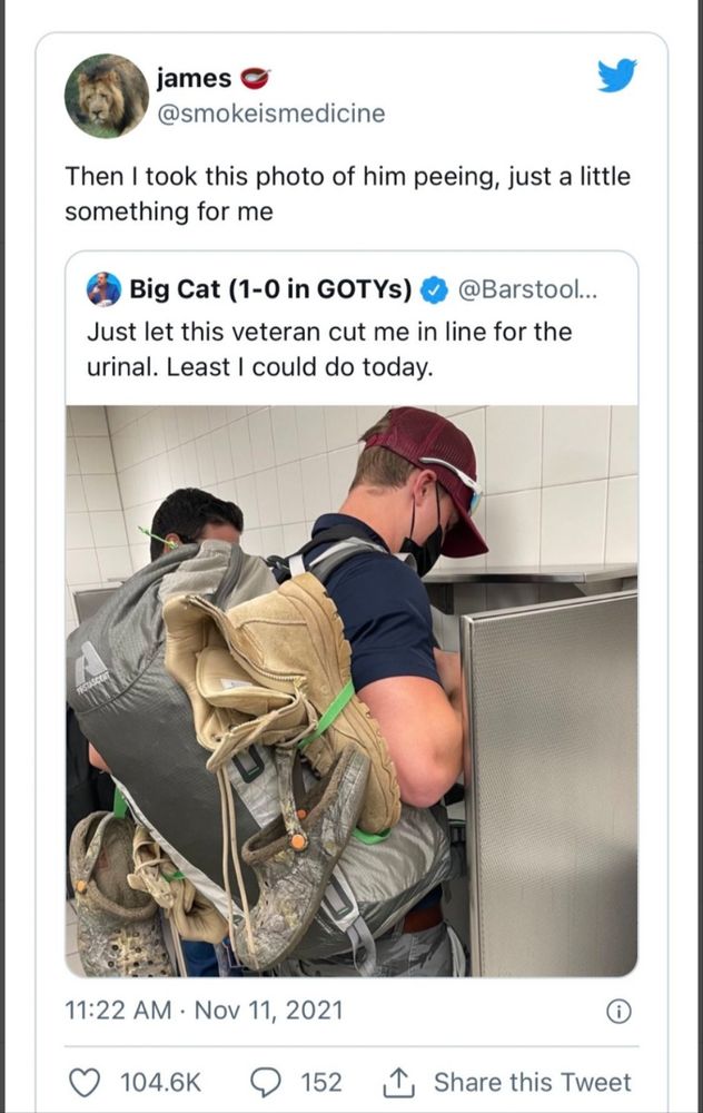 Then I took this photo of him peeing, just a little something for me

Big Cat (1-0 in GOTYs) @Barstool...
Just let this veteran cut me in line for the urinal. Least I could do today.