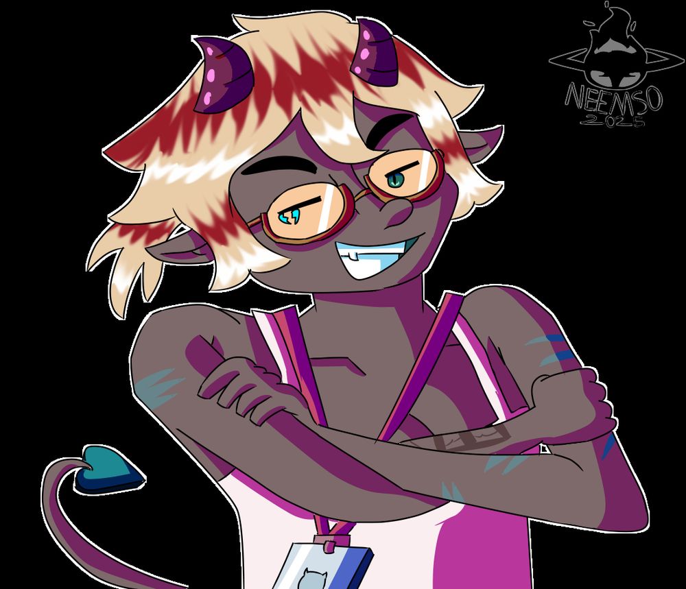 A yellow haired, red horned, dark skined demon with some dark blue markings on their skin, who wears yellow glasses with one pupli having a blue heart while the other has a blue broken heart, they have a demon tail that's the same as their skin with the end of it being dark blue, they're wearing a white tank top, and a lanyard They're giving a smirk while looking to the left side, and are crossing their arms