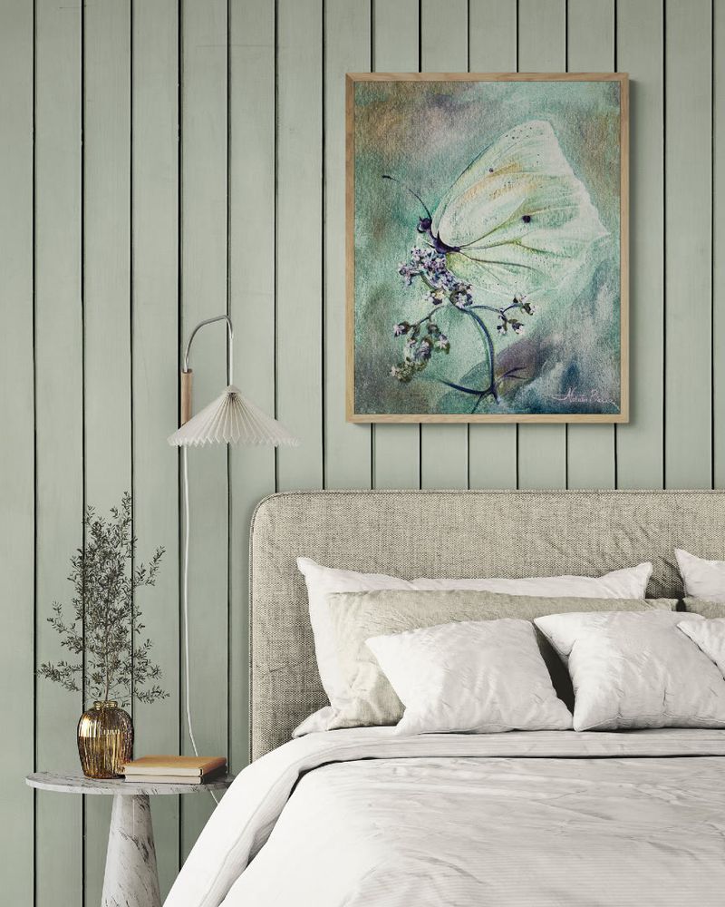 Flutter and Bloom - Ethereal Butterfly Oil Painting in Sage Green, Natural Wood Float Frame Canvas in a Calm Modern Bedroom