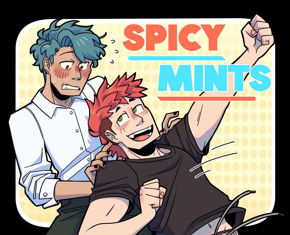 Mint's blushing and worried as Tsurai does a surprise trust falls on him. It also has a the Spicy Mints title and a simple background.