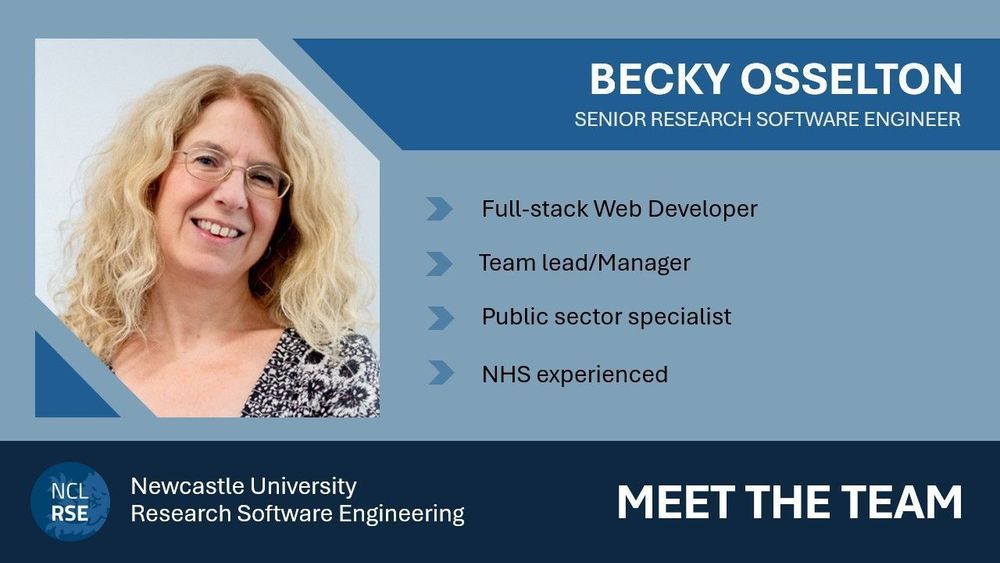 A photo of Becky Osselton, along with her name and job description (Senior RSE). Bullet points describe her as a: Full-stack Web Developer, Team lead/Manager, Public sector specialist, NHS experiened.