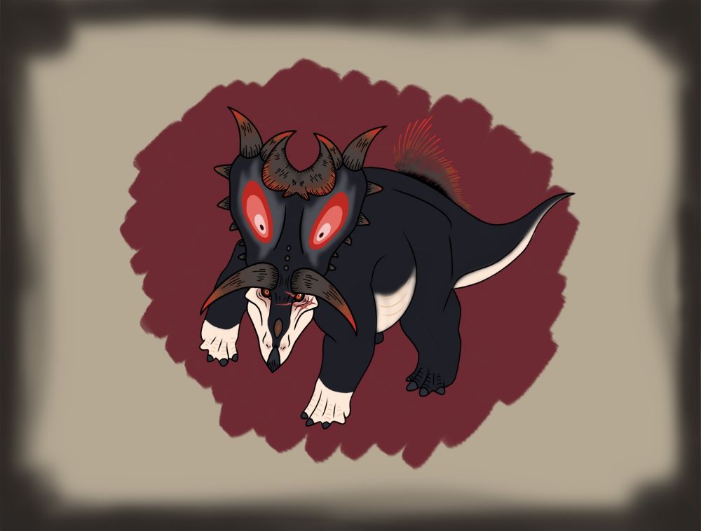 Spiclypeus shipporum face towards the viewer, head lowered and one foot raised off the ground