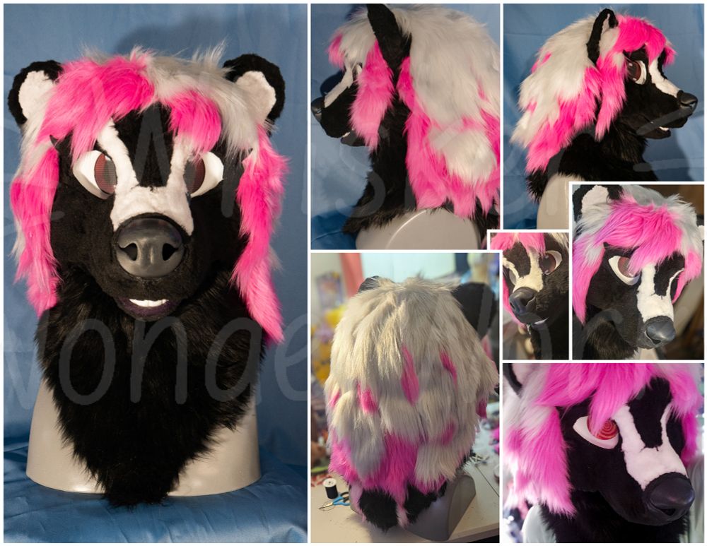 A collage of a skunk fursuit head showing off its details. It has wavy and layered pink and silver hair, a white dual stripe going up her nose, red eyes and hypno eyes, a movable muzzle and a hard black nose. 