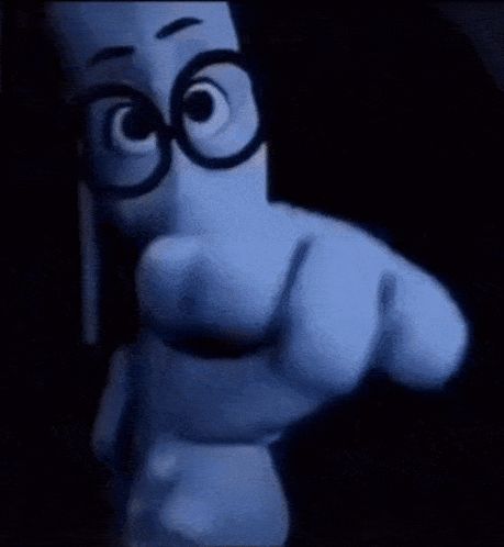 a close up of a cartoon character with glasses pointing at the camera