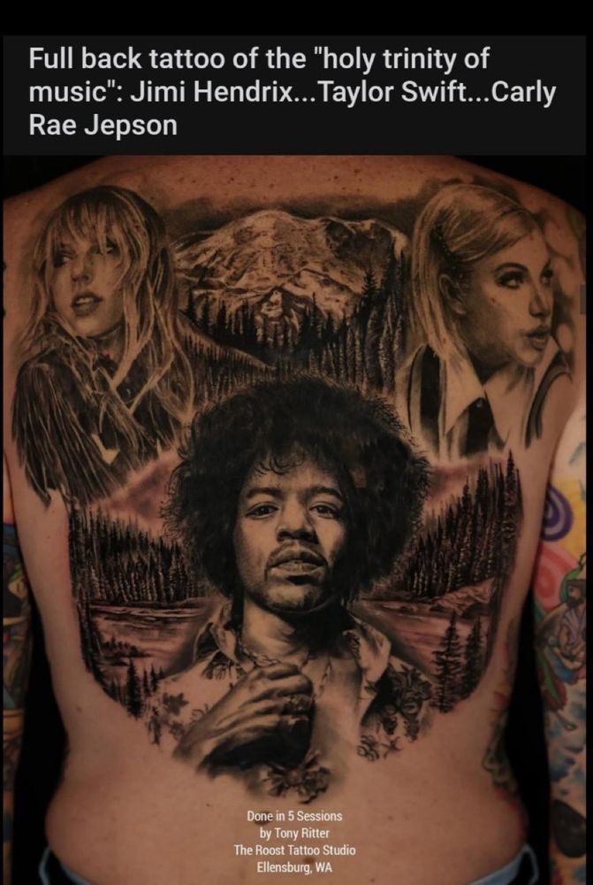 Picture of a huge elaborate portrait tattoo covering a person’s entire back. The caption says “Full back tattoo of the “holy trinity of music”: Jimi Hendrix…Taylor Swift…Carly Rae Jepson”
