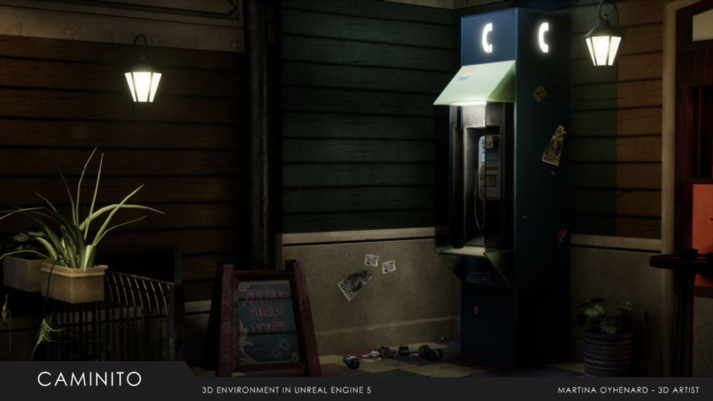 3D environment in Unreal Engine. A telephone booth, a wooden sign and plants. 