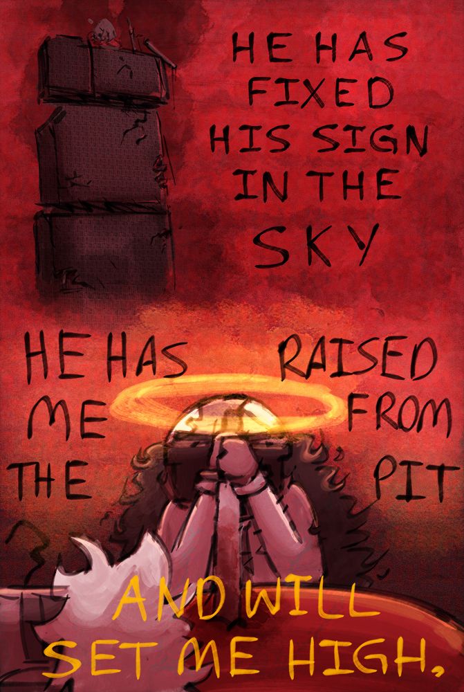 "he has fixed his sign in the sky" - the nexus tower, now crumbling and smoking

"he has raised me from the pit and will set me high" - jeb with his halo back, driving a sword into phobos