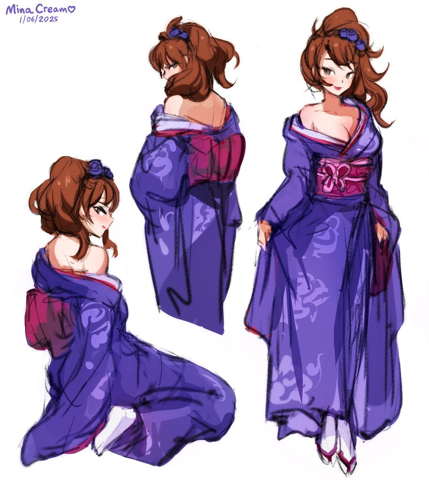 Rough sketches of Rise Kujikawa from Persona 4, wearing her purple floral kimono. A faint blush spreads across her cheeks as she allows the sleeve to drape off her shoulder.