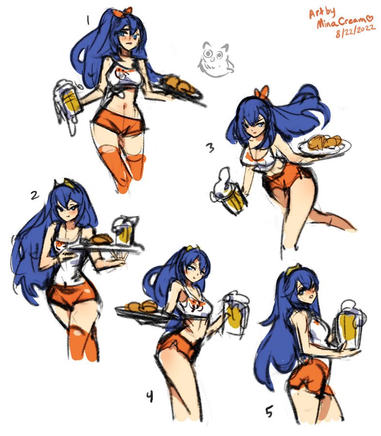 Rough concept sketches of Lucina working as a Hooters waitress (commission)