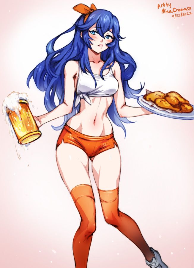 Dressed in the Hooters uniform, Lucina dashes from table to table, a plate of piping hot wings in one hand, an overflowing mug of beer in the other.

(Commission)
