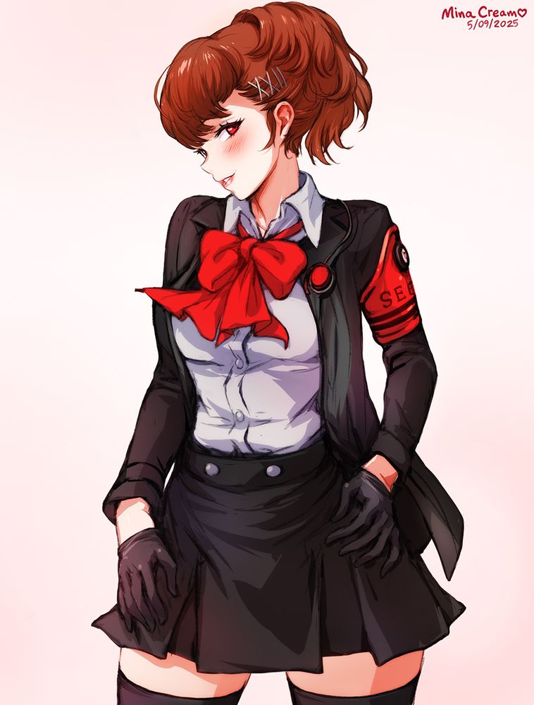 Kotone Shiomi stands, hands resting on hips, wearing the combat outfit from Persona 3 Reload.