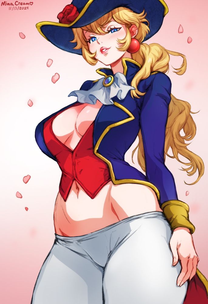The Swordfighter Princess stands proudly, her gold-trimmed blue coat parted in a deep V that reveals generous cleavage, as rose petals swirl around her.
