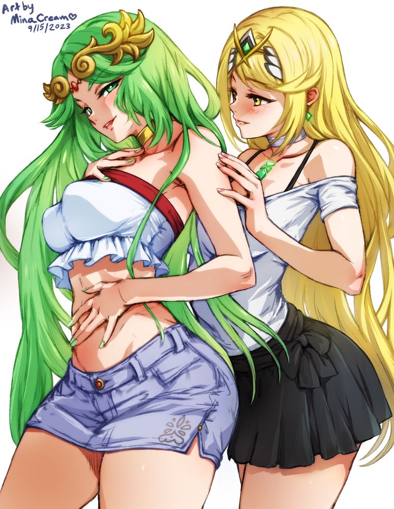 Palutena and Mythra are out on a date, enjoying each other’s company. Palutena is wearing a white tube top paired with a flirty denim skirt, while Mythra is dressed in an elegant off-the-shoulder white blouse and a pleated black skirt.