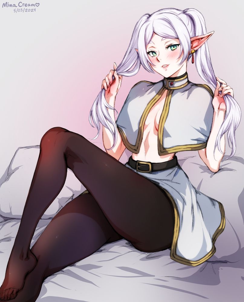 Lounging on the bed, one stocking-clad foot perched on her other leg, Frieren tugs at her twintails with a playful smirk.

from Frieren: Beyond Journey's End