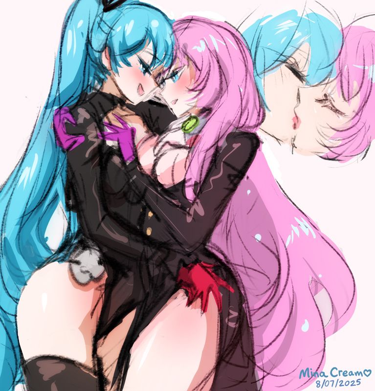 Cosplaying as Persona 5 Phantom Thieves, Hatsune Miku draws Luka into an embrace. Rough sketch WIP