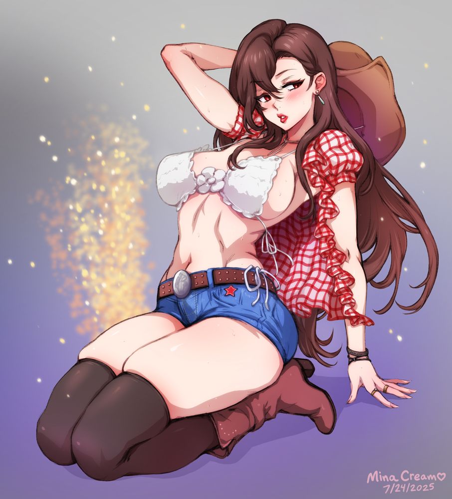 Tifa drops to her knees in denim shorts and boots, a cowboy hat slung around her neck. Her red gingham shirt flutters open, revealing a knit bikini top that strains to contain her curves. Inspired by that clip of Kwon Eunbi at Waterbomb.