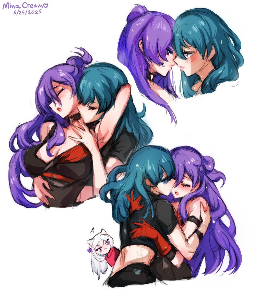 Quick sketches of female Shez and Byleth from Fire Emblem Three Houses / Hopes. The first depicts Byleth wrapping her arms around Shez, placing a kiss on her neck. The second is a portrait of them, blushing, lips almost touching. The final sketch shows them fully entwined, pressed close, Shez’s breath escaping in a soft moan. In the background, kitty Edelgard glares.