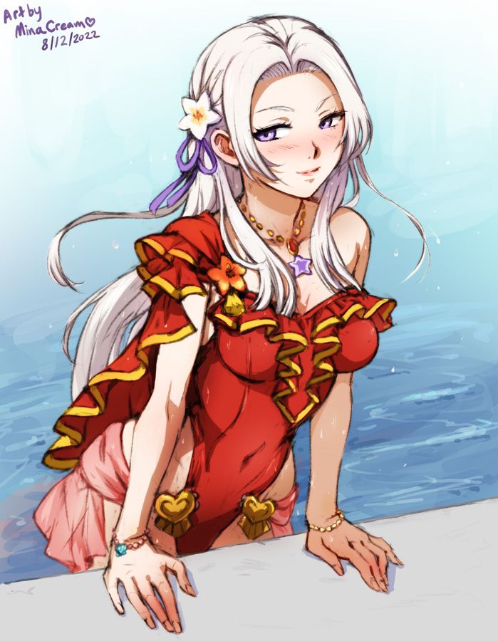 Edelgard perches at the pool's edge, wearing a regal red swimsuit with gold trimmed ruffles.