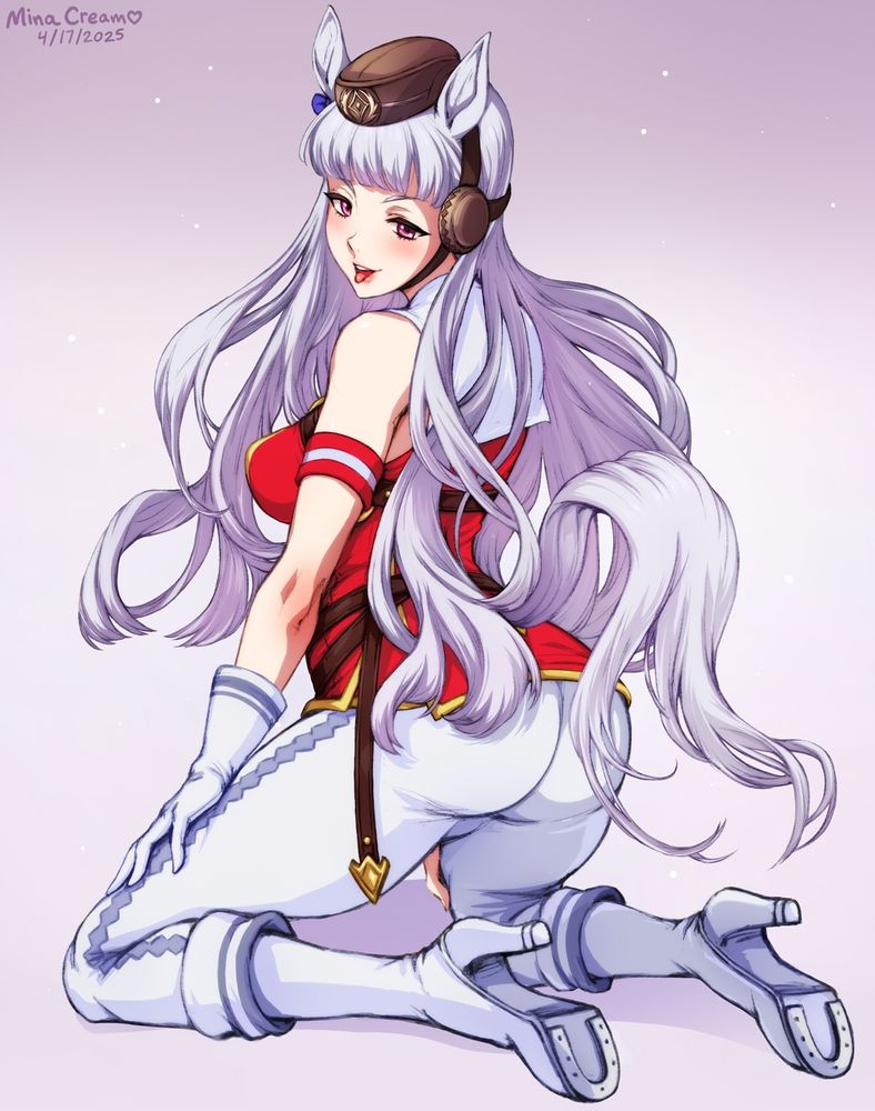 Kneeling in her red, white and gold racing outfit, Gold Ship playfully sticks out her tongue.
