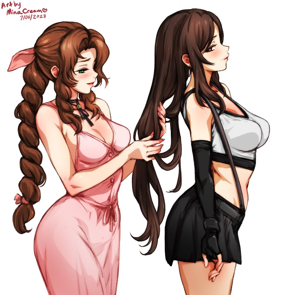 Aerith playing with Tifa's hair