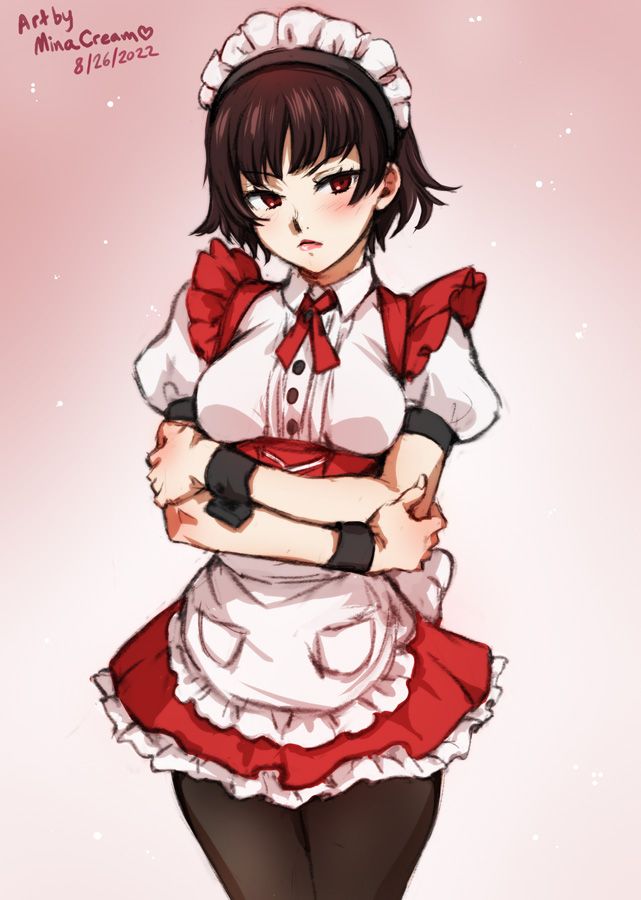 Makoto Niijima from Persona 5 stands with her arms crossed and lips pursed, dressed in a frilly red and white maid costume.