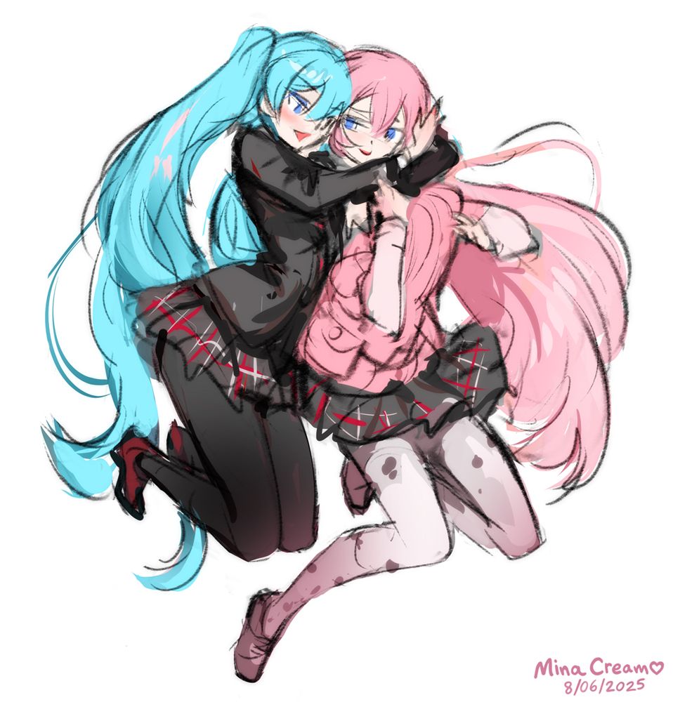 Cosplaying as Persona 5 characters, Hatsune Miku lovingly glomps onto Luka. Rough sketch WIP