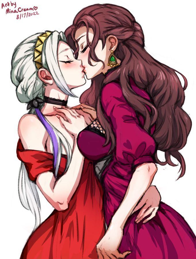 With eyes closed and a hand pressed to her chest, Edelgard surrenders to Dorothea’s kiss. She wears a crimson gown with a plunging neckline, hair arranged in a side ponytail, while Dorothea is dressed in her attire from Fire Emblem Three Hopes.