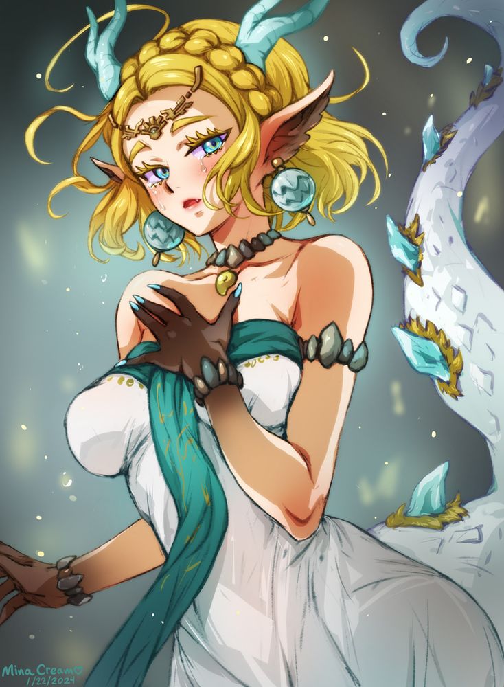 Zelda presses a shadowy clawed hand to her chest as tears roll down her cheeks. Though her form is mostly human, she has dragon horns and a tail. She wears a white gown. 