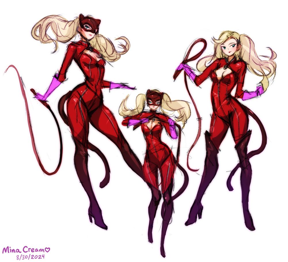 Rough gesture sketches of Ann Takamaki from Persona 5 in her Panther bodysuit.