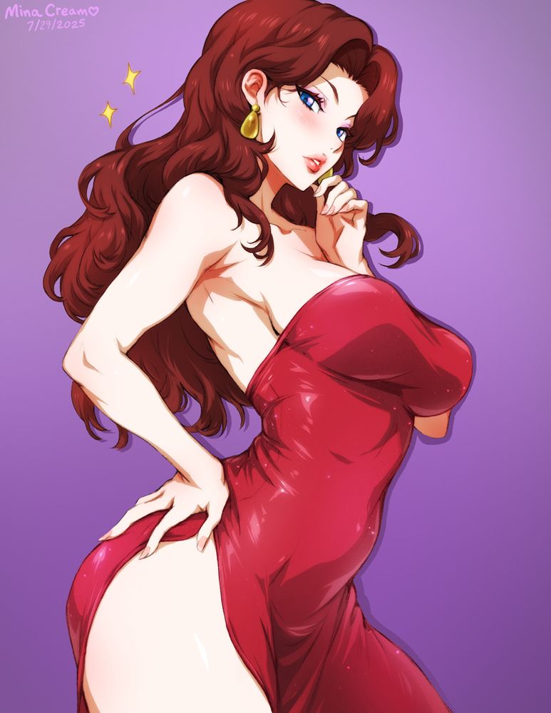 Pauline confidently poses with one hand on her hip, dressed in a strapless red gown with a high slit.