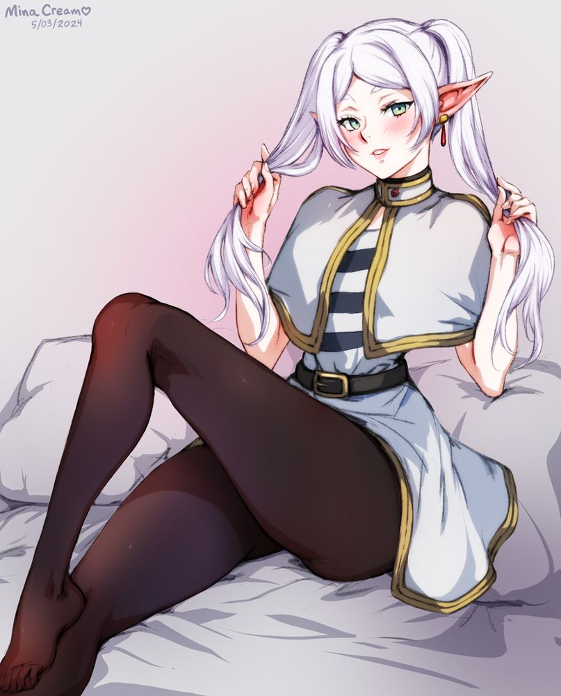 Lounging on the bed, one stocking-clad foot perched on her other leg, Frieren tugs at her twintails with a playful smirk.

from Frieren: Beyond Journey's End