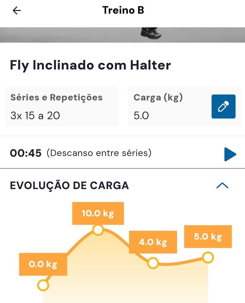 Imagem mostrando uma captura de tela de um aplicativo de musculação, mostrando a progressão de carga descendo de 10kg para 4kg e depois subindo para 5kg